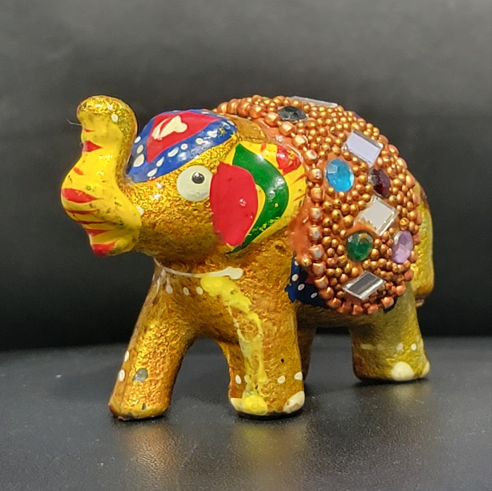 Hand Painted Jeweled Miniature Elephant Figurine Mosaic Indian Decor Trinket
